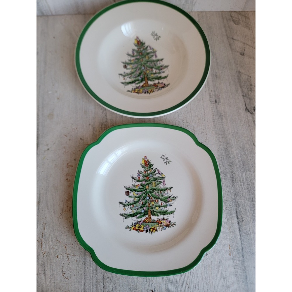 Spode‎ England square plate soup salad 9" bowl set Christmas tree home